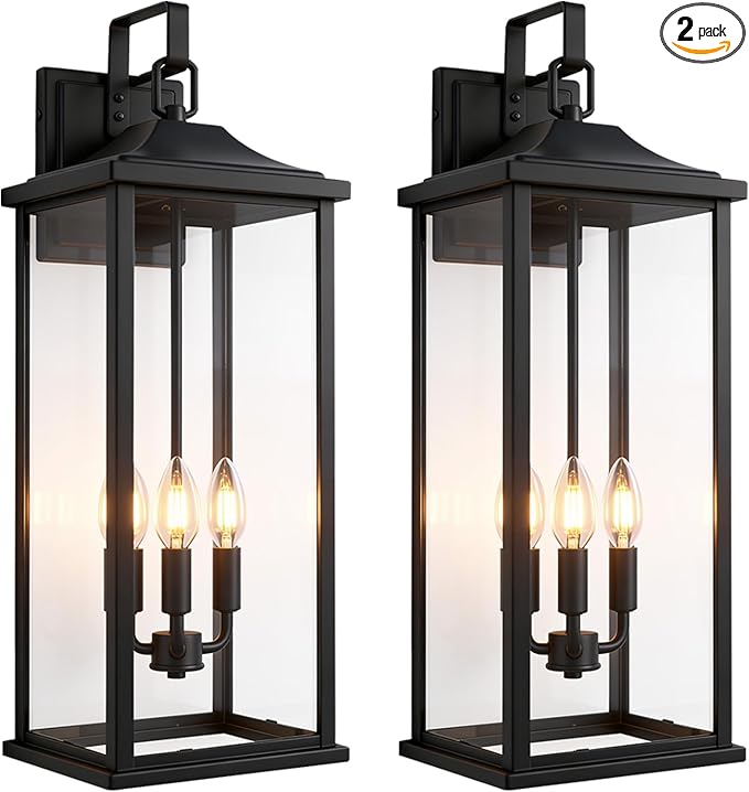 24 2Pack Outdoor Wall Light Fixture 3-Light Candelabra Exterior Wall Sconce E12 Base Clear Glass Modern Matte Black Porch Light IP65 Waterproof Wall Mounted for Front Door Garage &amp House