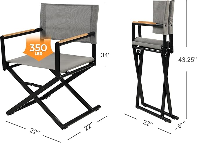 Grand patio Extra-Wide 4-Pack Directors Chairs Folding Dining Chair Set of 4 with Sling Woodgrain Armrests Outdoor Gray