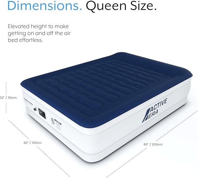 Active Era Luxury Queen High Air Mattress with Built in Pump and Raised Pillow - Elevated Double with Structured I-Beam Technology Height 22 Tall Air Bed Queen Size