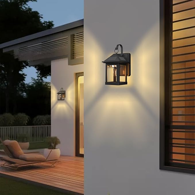Solar Wall Lanterns Outdoor 2 Pack with E26 Bulb Dusk to Dawn Motion Sensor 3 Modes Waterproof Porch Wall Lights for Patio Fence Garage Front DoorEntryway