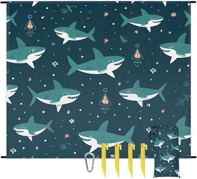 Waterproof Sandproof Beach Blanket 59''×68'' Sharks Polyester Outdoor Picnic Blanket with 4 Stakes &amp Storage Bag for BeachCampingVacation Oceans