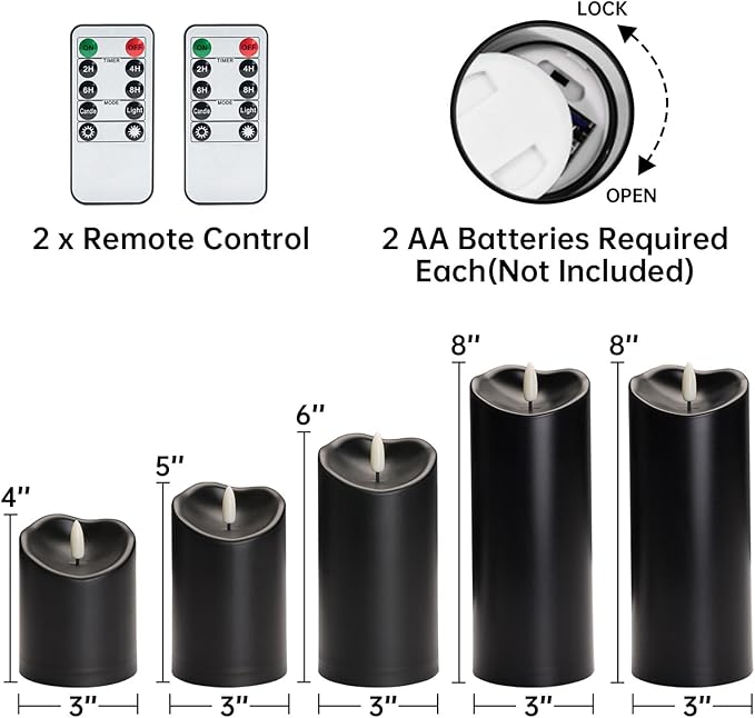 Amagic Black Halloween Flameless Candles with Remote Waterproof Outdoor Candles Battery Operated with Timer Plastic Flickering LED Pillar Candle for Holiday Theme Party Pumpkin Decor Set of 5