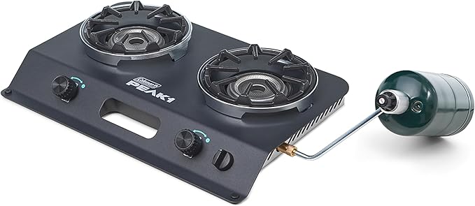 Coleman PEAK1 2-Burner Portable Camping Stove Premium 20000 BTUs Gas Stove with Adjustable Burners &amp Carry Case Great for Camping Tailgating Grilling BBQ &amp More