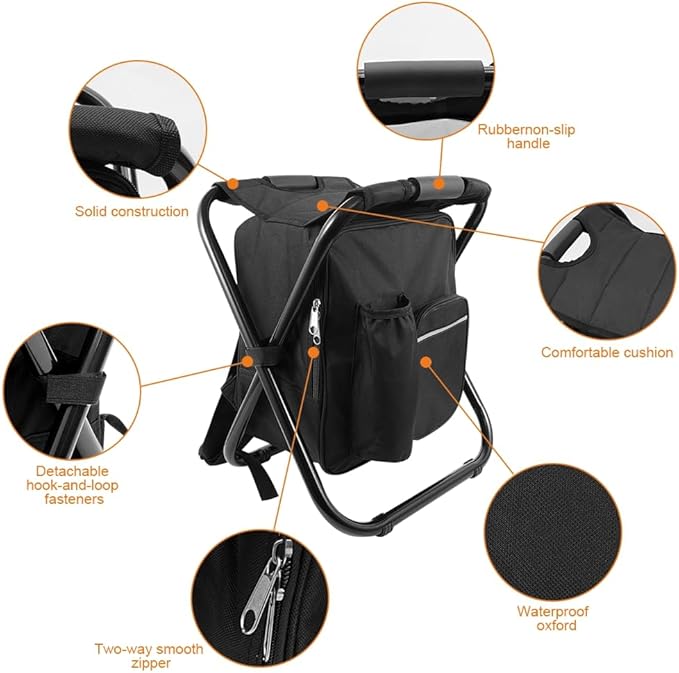 Portable Folding Backpack Stool with Cooler Compartment Black