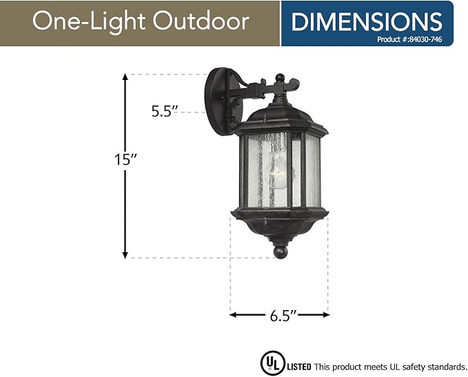 Sea Gull Lighting 84030-746 Kent One-Light Outdoor Wall Lantern with Clear Seeded Glass Panels Oxford Bronze Finish