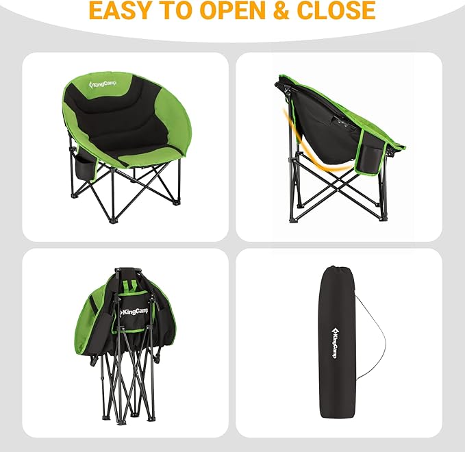 KingCamp Foldable Saucer Moon Lounge Chair with Cupholder Storage Pocket for Indoor Home or Outdoor Camping and Tailgating Use Black/Green