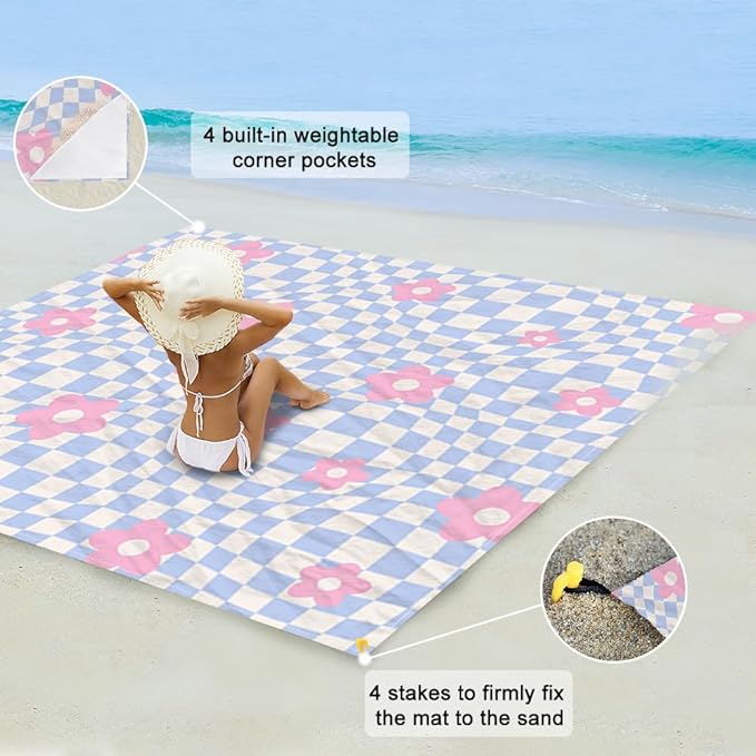 Beach Blanket Waterproof Sandproof Extra Large 8 Ft X 7 Ft for 4 Adults Oversized Sand Free Beach Mat with 4 Corner Pockets and Stakes Portable for Beach Picnic Travel Camping (Pink Purple)