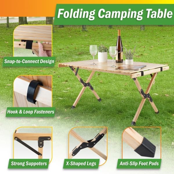 Foldable Camping Table - Roll Up Folding Table - Easy Assembly Portable Picnic Table with Carry Bag - Indoor or Outdoor Low Height Travel Party or Beach Table by Wakeman Outdoors (Natural Wood)