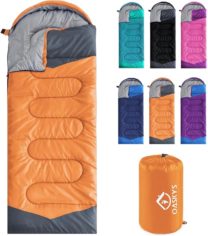 oaskys Camping Sleeping Bag - 3 Season Warm &amp Cool Weather - Summer Spring Fall Lightweight Waterproof for Adults Kids - Camping Gear Equipment Traveling and Outdoors