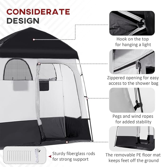 Outsunny Shower Tent Pop Up Privacy Shelter for Camping Dressing Changing Room Portable Instant Outdoor Shower Tent Enclosure w/ 2 Rooms Shower Bag Floor and Carrying Bag Black