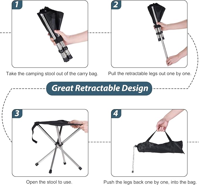 Portable Stool 13.8 Inch High &amp 1.32 lbs Small Folding Chair Telescopic Compact Foldable Stool with Carry Bag for Camping Hiking Outdoor Concert