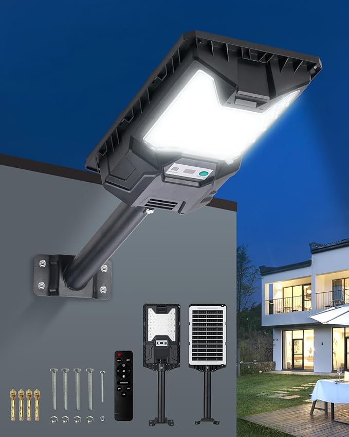 Solar Flood Lights 20000LM 6500K Waterproof Motion Sensor LED Solar Powered Flood Light with Remote ControlDusk to Dawn Commercial Area Lighting for Outside Parking Lot 4-Pack