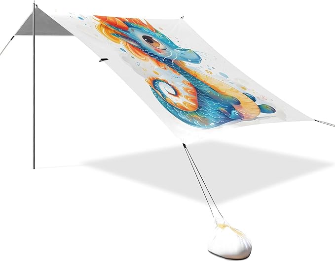 ALAZA Baby Dragon Cartoon Beach Tent Sun Shelter UPF50+ Protection Beach Shade Canopy w/ 4 Sandbags for Outdoor Camping Fishing Backyard Fun Picnic 10x9 ft