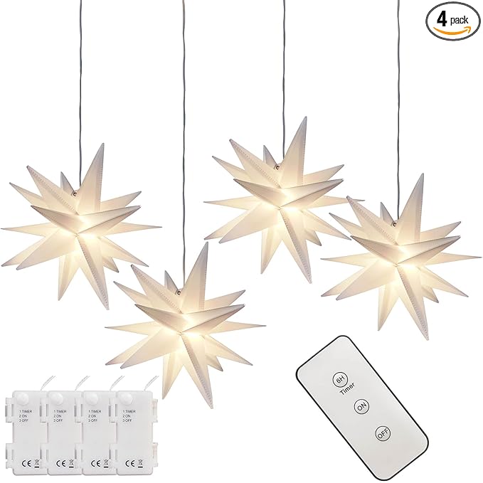 Leejec 9.4 Moravian Star Outdoor Light with Remote Control Christmas Decorations Indoor Hanging Warm White LED Light Battery Operated with Timer Function 4-Pack Tree Ceiling Balcony Décor