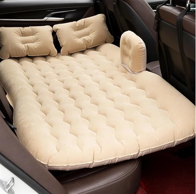 SUV Car Inflatable Bed Camping Air Bed Car Inflatable Mattress PVC Flocking Material Car Camping Sleeping Mat (Beige)