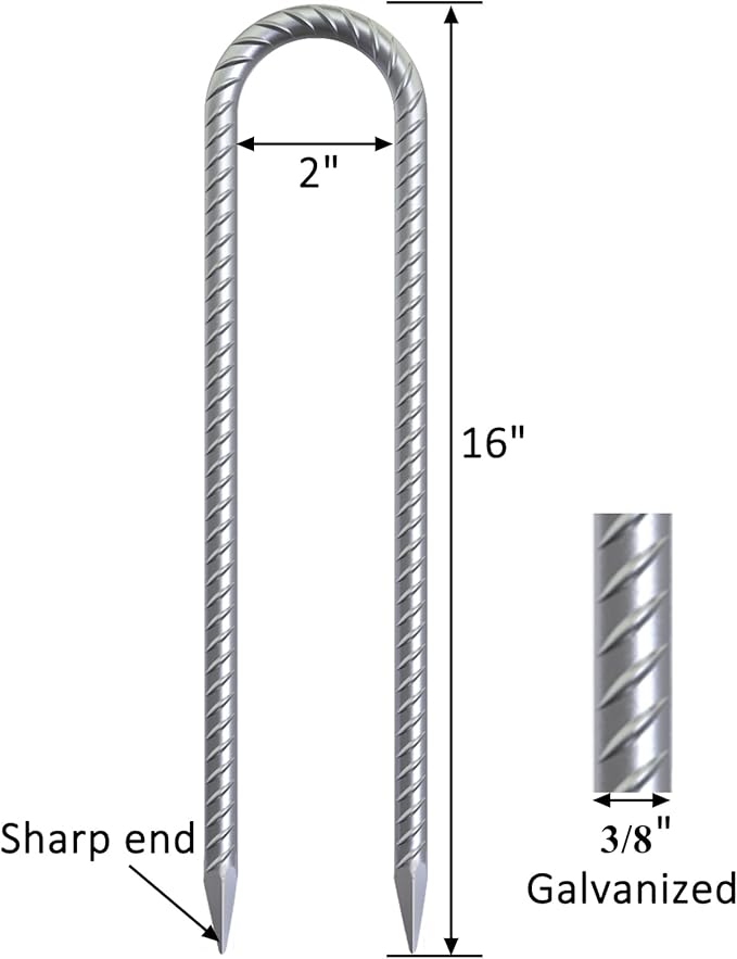 Trampoline Wind Stakes 16 Inch 3/8 Diameter Heavy Duty U Shaped Rebar Tent Fence Stakes for Ground Galvanized Trampoline Tie Down Anchor Kit 16 Pack