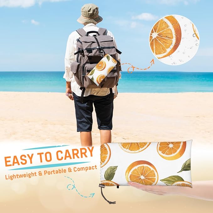 Waterproof Sandproof Beach Blanket 59''×68'' Navel Orange Polyester Outdoor Picnic Blanket with 4 Stakes &amp Storage Bag for BeachCampingVacation White
