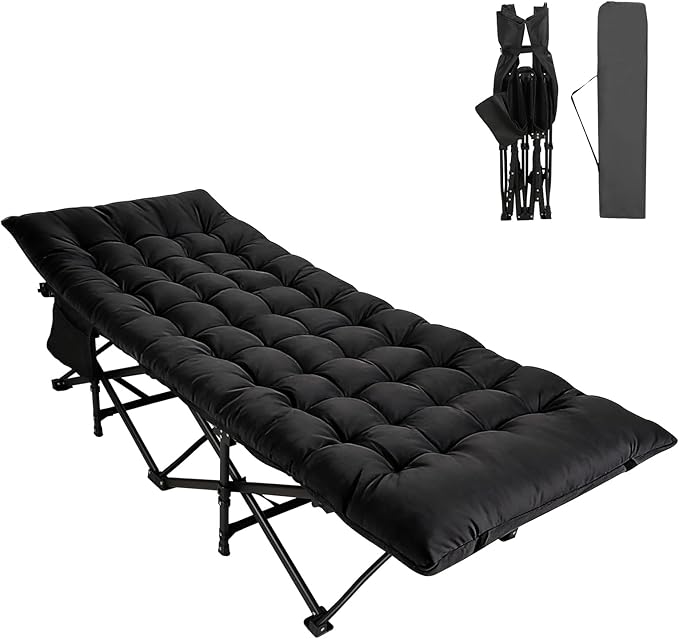 Northroad Camping Cot with Thick MattressQuick Set-Up Sleeping Cots with Side Pocket for Outdoor Camping Office Nap Home Garden Beach Travel Black
