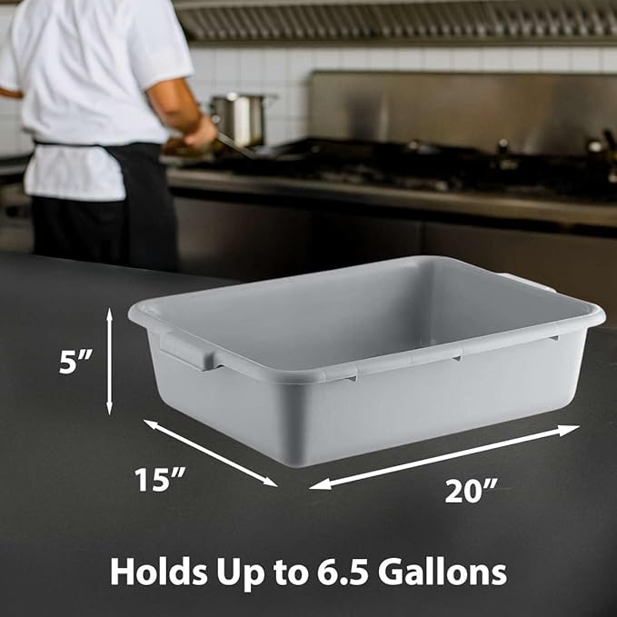 6-Pack 20 x 15 x 5 Commercial Bus Tub/Bus Box - 6.5 Gallons without Lid - Heavy-Duty Polypropylene Dish Box for Restaurants Kitchens and Foodservice - Stackable and Freezer-Safe - Gray