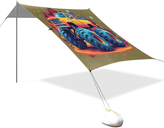 ALAZA Jet Monster Truck Beach Tent Sun Shelter UPF50+ Protection Beach Shade Canopy w/ 4 Sandbags for Outdoor Camping Fishing Backyard Fun Picnic 10x9 ft
