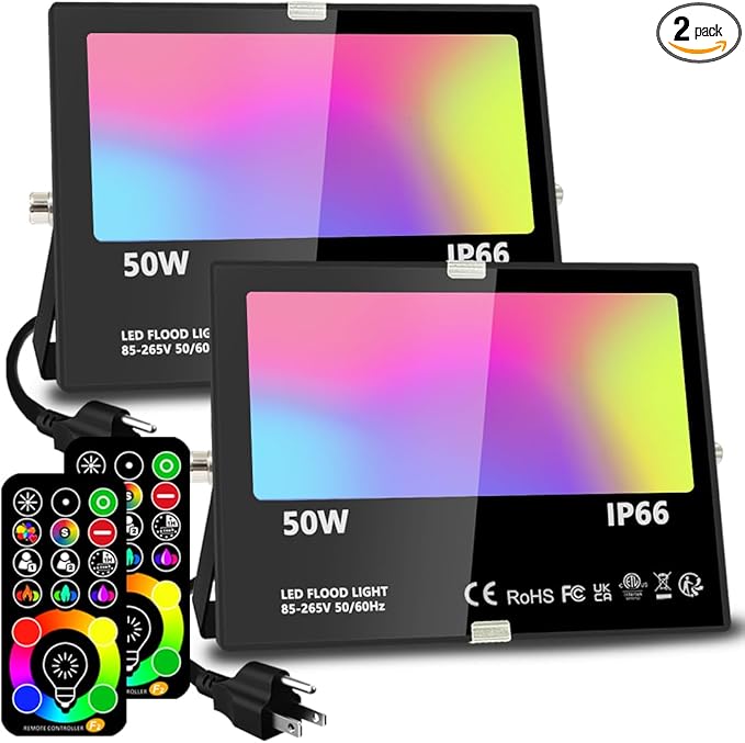 MELPO Led Flood Light 500W Equivalent RGBW Led Outdoor Lights Colored Floodlight with Remote50W5000ML 2700K120 Colors Timing Dimmable Custom Modes Landscape Lighting (2 Pack)
