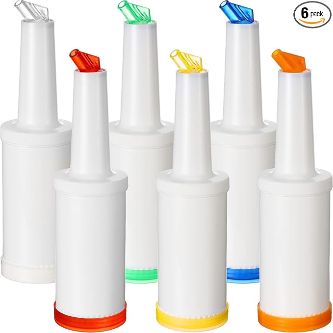 CHENGU 6 Pcs Bar Pour Colorful Juice Pouring Bottle Containers 34 oz Plastic Juice Dispensers for Bar Home Party Kitchen Supplies (WhiteOrangeRedYellowBlueGreen)