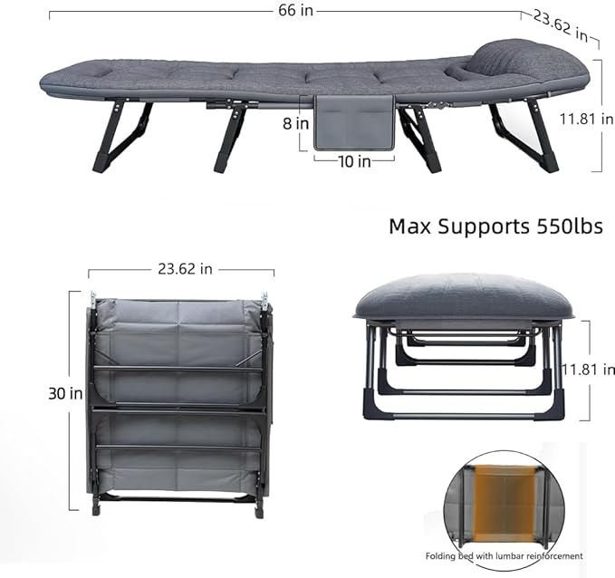 Portable Folding Bed Cot Recliner 6 Position Adjustable Backrest with Pillow Heavy Duty Steel Frame for Camping Office Nap Indoor Outdoor Use (Small(66in))