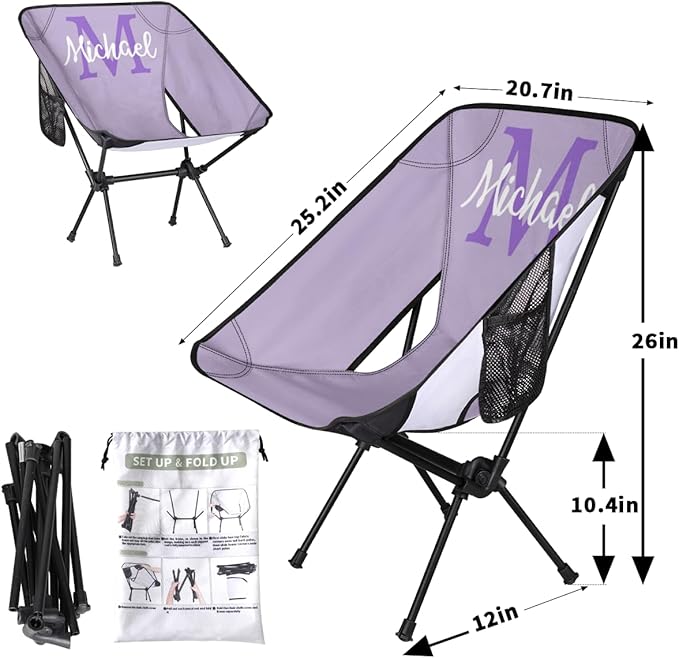 Custom Light Purple Portable Camping Chair Personalized Backpacking Chair with Name Lightweight Foldable Chairs for Hiking Beach