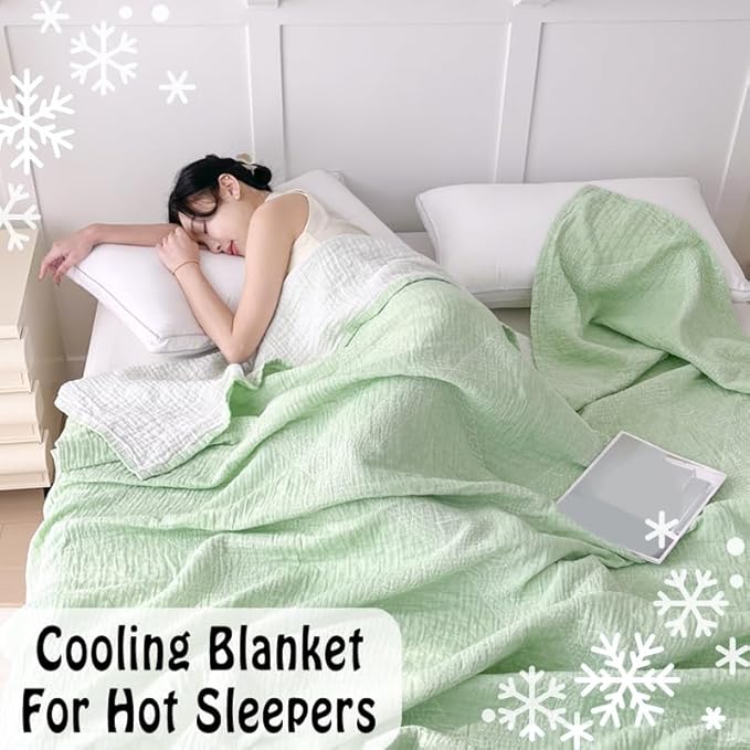 ITFRO Cooling 3 Layer Cotton Muslin Blanket for Hot Sleepers 80x92 Inches Lightweight Breathable Reversible Summer Camping Blanket All Seasons for Couch Sofa Bed (Solid Green 80x92)