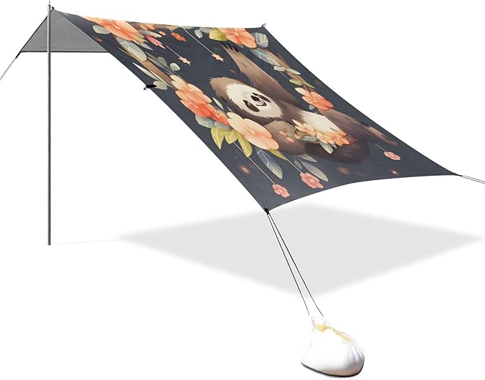 ALAZA Cute Sloth Flowers Beach Tent Sun Shelter UPF50+ Protection Beach Shade Canopy w/ 4 Sandbags for Outdoor Camping Fishing Backyard Fun Picnic 10x9 ft