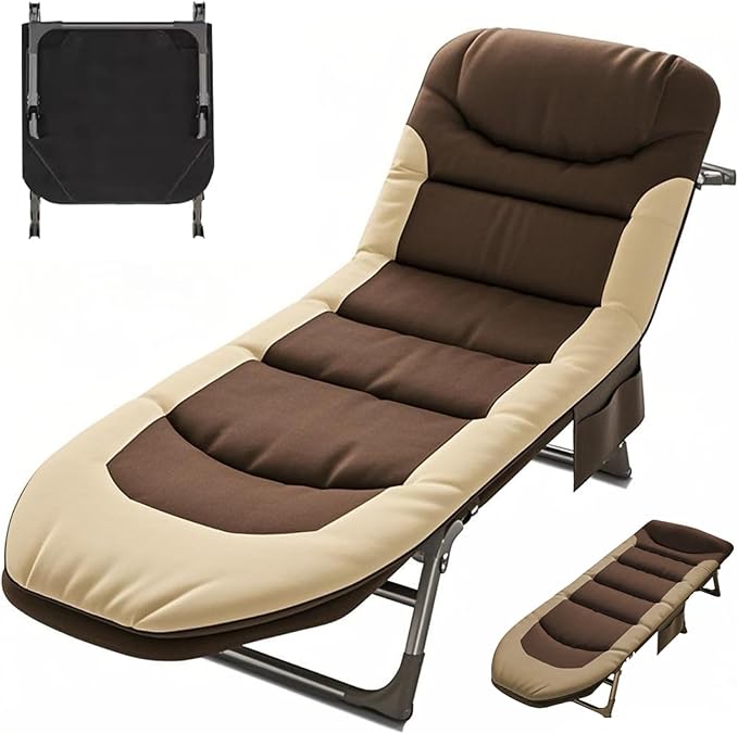 Portable Cot for Camping Adult Folding Camping Cot with Thick Mattress Pillow Adjustable Cots for Sleeping with Pad 26 Wide Outdoor Lounge Chair for Home Office Nap Beach Travel Hiking (Brown)