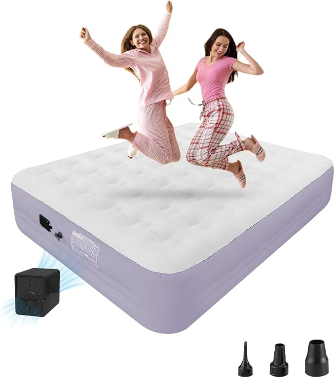 Queen Size Air Mattress with Built in Pump 18'' Raised Blow Up Bed Inflatable Mattress for Camping &amp Travel 3-Minute Quick Inflation/DeflationThick Velvet Texture Waterproof18'' Purple