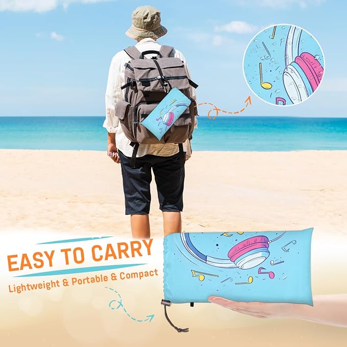 Waterproof Sandproof Beach Blanket 59''×68'' Music Headphones Polyester Outdoor Picnic Blanket with 4 Stakes &amp Storage Bag for BeachCampingVacation Blue