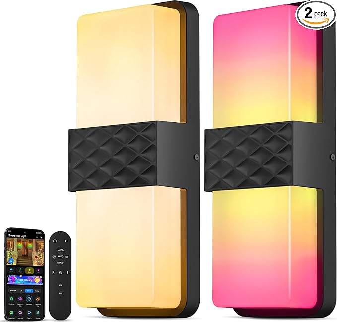 Smart Outdoor Wall Lights 1500LM RGB+IC+Warm/Cool White Porch Light 44 Scene Modes IP65 Waterproof Wall Sconce for Halloween Christmas Decor Works with Alexa Google Assistant 2 Pack