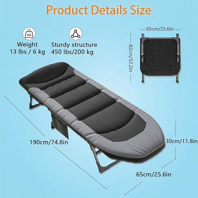 Folding Camping Cot Travel Cot with Adjustable Backrest und Side Pocket 450LBS Max Load Portable Cots for Adults Adult Cots for Sleeping for Outdoor Office Nap Beach Travel (Black)