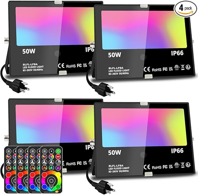 MELPO Led Flood Light 500W Equivalent RGBW Led Outdoor Lights Colored Floodlight with Remote50W5000ML 2700K120 Colors Timing Dimmable Custom Modes Landscape Lighting (4 Pack)