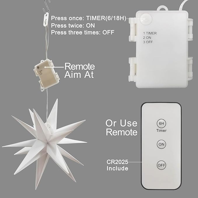 Leejec 13.3 Moravian Star Outdoor Light with Remote Control Christmas Decorations Indoor Hanging Warm White LED Light Battery Operated with Timer Function 3-Pack Tree Ceiling Balcony Decor