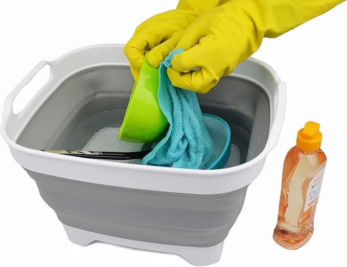 SAMMART 7.5L (2 Gallons) Collapsible Dishpan with Draining Plug - Foldable Washing Basin - Portable Dish Washing Tub - Space Saving Kitchen Storage Tray (White/Grey 1)