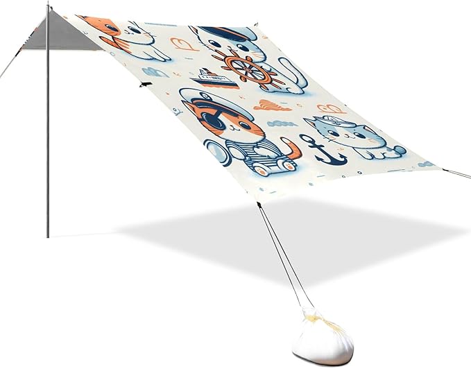 Cute Cat with Sailing Elements Camping Sun Shelter Beach Tent Portable Beach Sun Shade Outdoor Canopy for Camping Trips Fishing Picnic