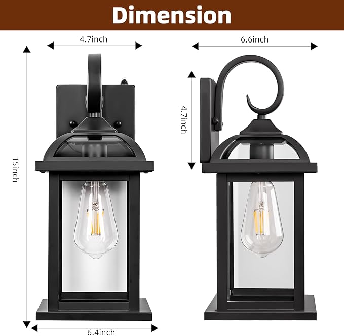 2-Pack Outdoor Wall Lights Dusk to Dawn 15 Inch Aluminum Anti-Rust Exterior Light Fixture with IP65 Clear Tempered Glass Large Outside Wall Sconce Lanterns for House Matte Black