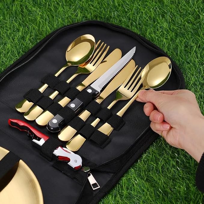 Cutlery Set Picnic Camping Picnic Set With 304 Stainless 10Pcs Tableware Dishes Steel Cutlery Set For 2Person E