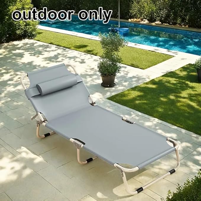 Leo IRis Portable Folding Camping Cot Oversize Adjustable 5-Position Adults Reclining Lounge Chairs with Pillow Heavy Duty Oxford Cloth 600D with Mattress (Gray - Simple Bed (No Mat))