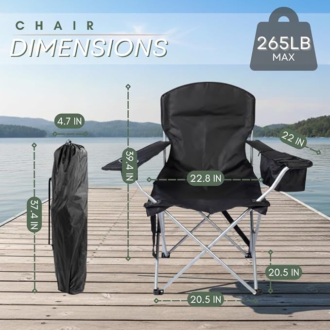 Pack of 2 Portable Lawn Chairs with Built-in Can Cooler Storage Pocket Carry Bag and Cup Holder Includes Carry Bag (2 Black)