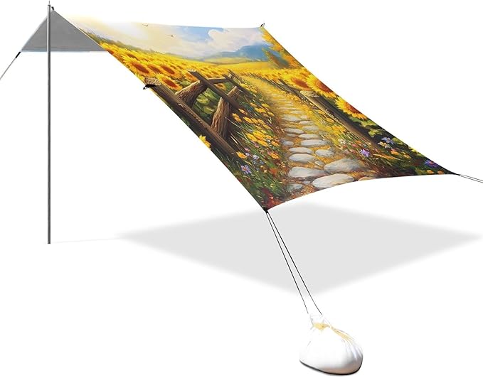 Bolaz Beach Canopy Tent Sun Shade9'×10.5' Large Family Beach Shade UPF50+- Outdoor Shade for Camping Trips FishingSunflower Field Wooden Fence