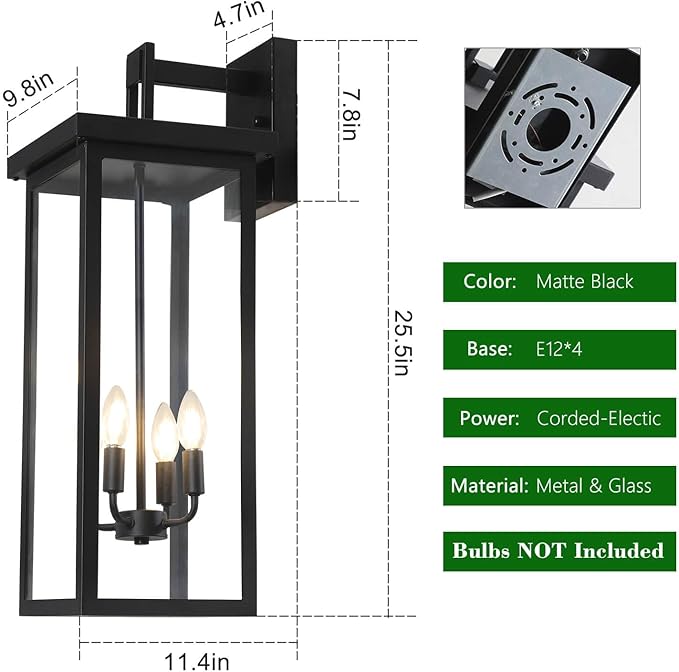 tewei 26IN Large Size Outdoor Wall Lantern Exterior Waterproof Wall Sconce Matte Black Outdoor Lights for House Modern Porch Light with Clear Glass Shade E12 Base Wall Light for Garage(1 Pack)