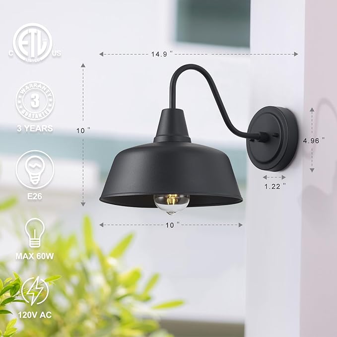 Outdoor Gooseneck Barn Light Fixture 10 Inch Matte Black Farmhouse Exterior Wall Sconce Waterproof Anti-Rust Outside Barn Lights for Porch Garage &amp Garden 2 Pack