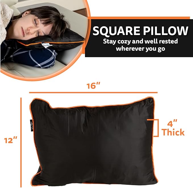 NAPRO Travel Pillow &amp Camping Blanket 3 in 1 Ripstop Nylon Infinity Pillow &amp Square Travel Pillow Cases with 82 X 54 Synthetic Down Filled Blanket/Poncho/Pillow Fill Adventure Black/Orang