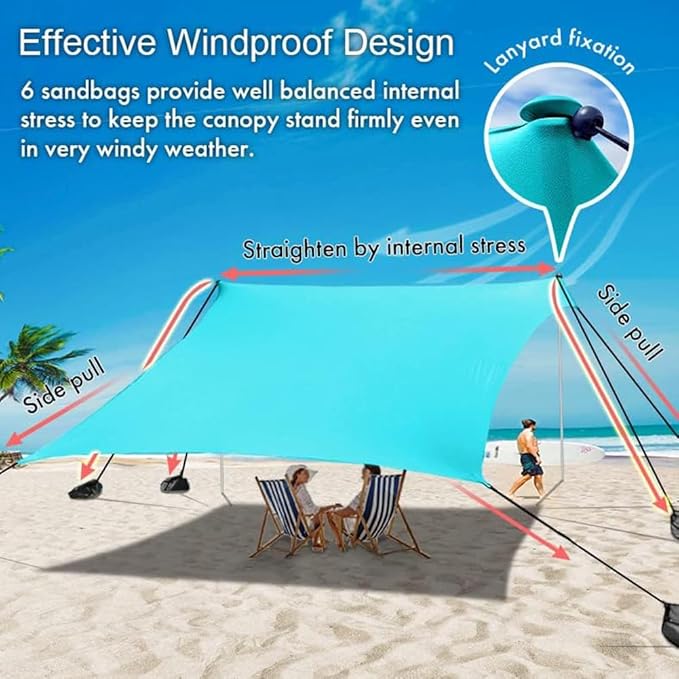 Beach Canopy Windproof Design Sun Shelter UPF50+ Portable Family Tent with 6 Sandbags Anchors 10x10 FT 2 Pole Pop Up Outdoor Shelter for Beach Camping Fishing Backyard