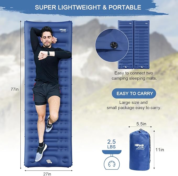 HiiPeak Ultralight Inflatable Sleeping Mat with Built-in Foot Pump &amp Pillow Compact Air Mattress for Backpacking Hiking (Blue)