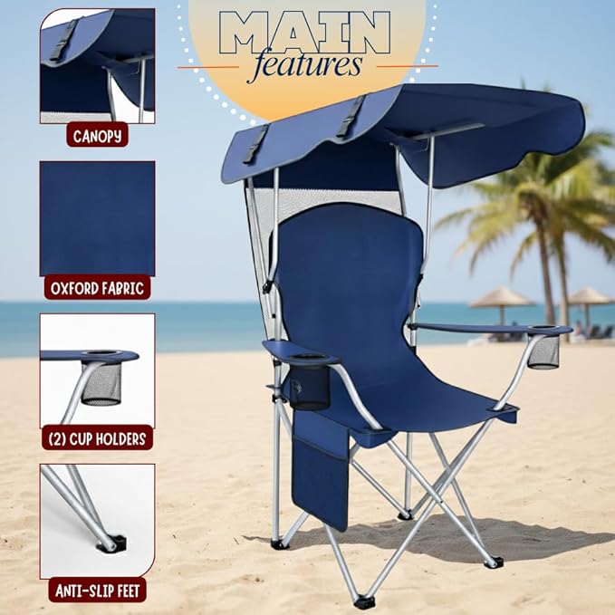 Amazing for less Folding Chair with Canopy – Portable Outdoor Folding Camping &amp Beach Chair with Shade Cover and Carrying Strap